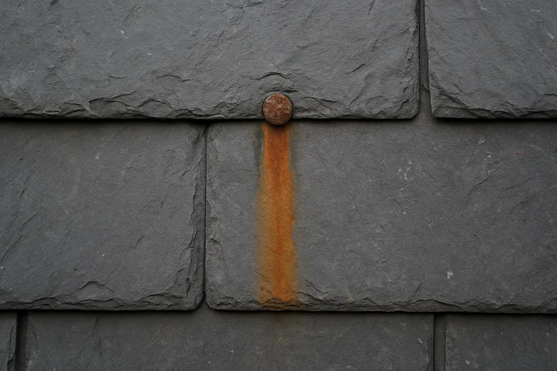 Grey-black slates with a rust-brown streak running down from a corroded nail head — slate roof repairs, Adelaide. Illustrative example.